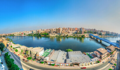 El Mansoura / Egypt - 7 Sep 2019 -  Landscape panoramic view of river Nile in Mansoura city -...