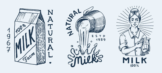 Milk set. Cow and woman farmer, milkmaid and jug, blot and bottles, packaging and meadow, man holds a glass. Vintage logo for shop. Badge for t-shirts. Hand Drawn engrave sketch. Vector illustration.