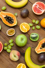 Summer fruit backround.Various fruits on wooden background. Summer concept. Flat lay, top view.