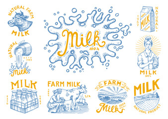 Milk set. Cow and woman farmer, milkmaid and jug, blot and bottles, packaging and meadow, man holds a glass. Vintage logo for shop. Badge for t-shirts. Hand Drawn engrave sketch. Vector illustration.
