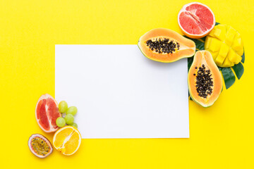 Summer abstract fruit background with blank white paper for text. Food mock up.