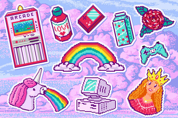 Pixel art 8 bit object for stickers. Retro digital game assets. Set of Pink fashion icons. Vintage girly stickers. Arcades Computer video. Characters pony rainbow unicorn. 
