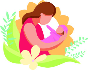 Mother and baby cartoon characters.  Motherhood, happy mom with child, Mother's day, maternity, innocence.