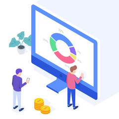 Isometric concept of Marketing Strategy for banner and website. Landing page template. Business analysis, content strategy and management concept. Vector illustration.