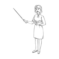 Sketch of a teacher in a skirt and blouse. The woman stands with a pointer in one hand and an open book in the other. A pretty teacher with short dark hair is smiling. Hand-drawn, isolated on white.