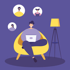 Video call conference while working from home, social distancing concept. Business discussion. Vector illustration.