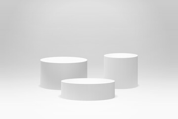 Three white tube pedestals. 3d pedestal mockup