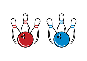Bowling pins and ball icon set vector. Three bowling pins with a ball icon isolated on a white background. Bowling skittles vector. Blue and red bowling ball vector - obrazy, fototapety, plakaty