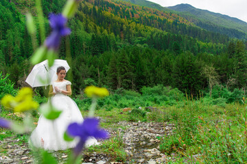 The woman in the wedding dress is on the hill.