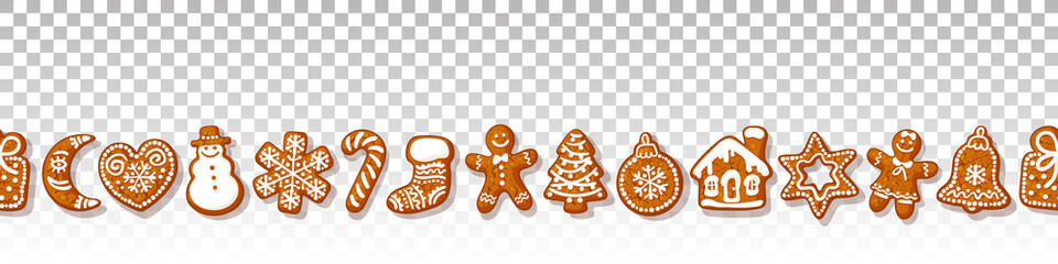 Christmas gingerbread cookies seamless border on transparante background Traditional homemade sugar coated cookies