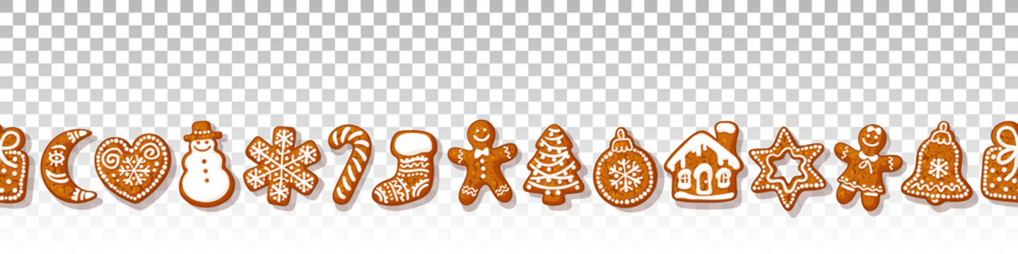 Christmas gingerbread cookies seamless border on transparante background Traditional homemade sugar coated cookies