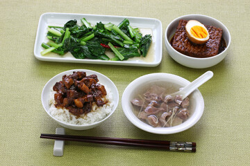 taiwanese home cooking: braised pork rice, chicken gizzard soup, simmered tofu and egg, and stir fried greens