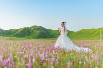 The woman in the wedding dress is in the prairie.