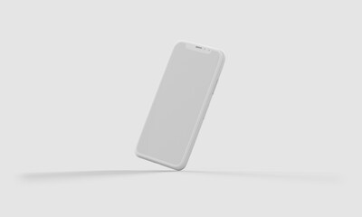Floating Vertical White Clay Smartphone Leaned Towards the Right – Blank Screen – Isolated on White Background