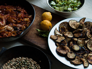 Traditional rustic food on plates and table