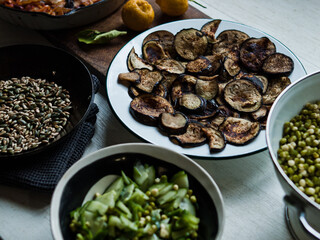 Traditional rustic food on plates and table