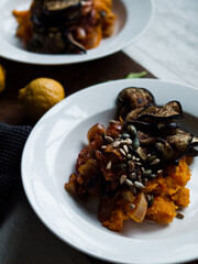 Traditional rustic food on plates and table