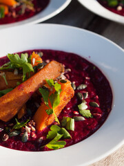 Beetroot soup recipe in bowl on table