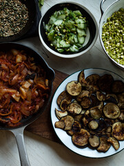 Traditional rustic food on plates and table