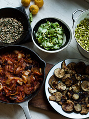 Traditional rustic food on plates and table
