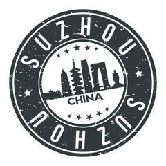 Suzhou China Round Stamp Icon Skyline City Badge.
