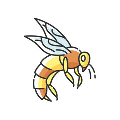 Bee RGB color icon. Small flying insect with sting. Beekeeping, apiculture. Honeybee, flower pollinating bug. Wasp, hornet, bumblebee isolated vector illustration