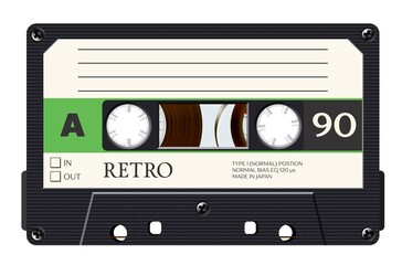 Cassette with retro label as vintage object for 80s revival mix tape design