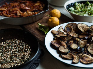 Traditional rustic food on plates and table