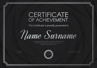 Certificate or diploma template with elegant black - silver design. Vector illustration. - 363627702