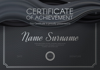 Certificate or diploma template with elegant black - silver design. Vector illustration.