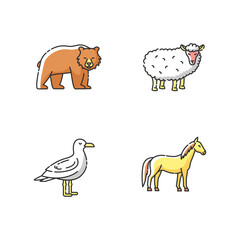 Obraz premium Domestic and wild animals RGB color icons set. Bear, seagull, horse and sheep. Mammals and bird. Forest wildlife and farm livestock. Isolated vector illustrations