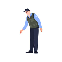 Cop semi flat RGB color vector illustration. Enforcement worker. Security man. Public safety guard. Policeman in bulletproof vest. Police officer isolated cartoon character on white background