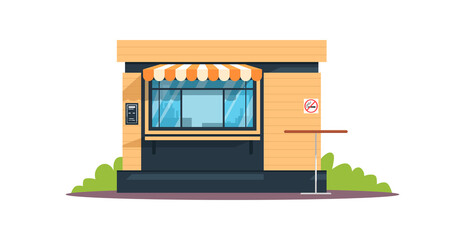 Public eatery semi flat RGB color vector illustration. Small outdoor cafe, snackbar, buffet. Cafferetia front windows. No smoking area. Isolated cartoon object on white background