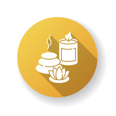Spa resort yellow flat design long shadow glyph icon. Wellness tourism, health sanatorium. Relaxation procedures. Spa stones, lotus flower and aroma candle silhouette RGB color illustration