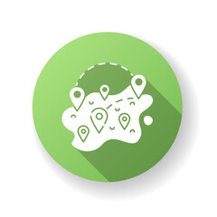 Domestic tourism green flat design long shadow glyph icon. Traveling for vacation or business trip inside one country. Local tourism. Map with GPS location tags silhouette RGB color illustration