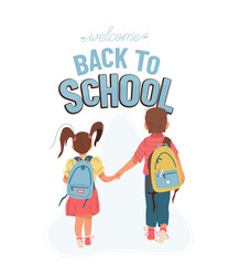 Back to school vector background with greeting text. Little boy and girl go to school for the first time. They hold hands. Children with backpacks illustration isolated on white, back view