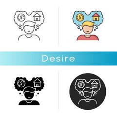 Desire icon. Self motivation, wishes visualization. Personal aspirations, goals and ambitions. Linear black and RGB color styles. Person planning to buy house isolated vector illustrations