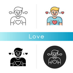 Love icon. Feeling of strong affection, emotional attachment, passion. Romantic relationship, Valentine day. Linear black and RGB color styles. Person in love isolated vector illustrations