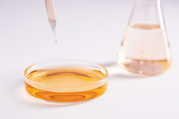 Closeup shot of a glass dish with yellow liquid and a dropper at a lab