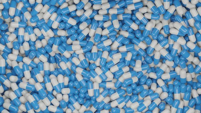 3D rendering Top view of many blue and white capsule pills drugs