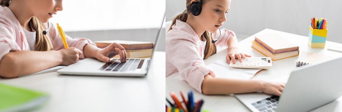 Collage of child writing on notebook and using headset with laptop at table