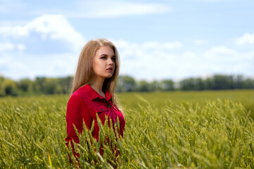 Fototapeta na wymiar Portrait of young girl on a rye field. Shallow focus.