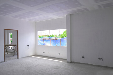 New house big window structure.   white lintel plaster intterior design. Empty room in home.