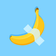 Vector cartoon banana glued to tape. Tropical fruits, banana snack or vegetarian nutrition. Vegan food vector icon in a trendy flat style. Healthy food concept.