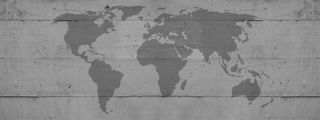 Vintage grunge Map of World isolated on rustic gray grey concrete wall background banner panoramic panorama wallpaper