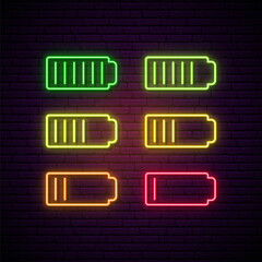 Set of battery neon sign. 6 glowing neon charger icons. Vector symbol of low and full battery.