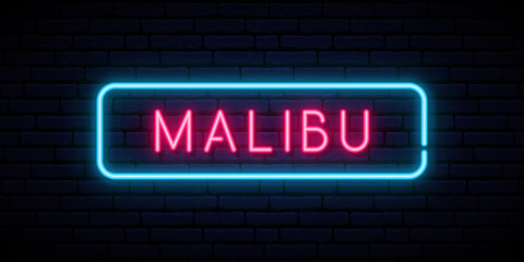 Malibu neon sign. Bright light signboard. Vector banner. - obrazy, fototapety, plakaty
