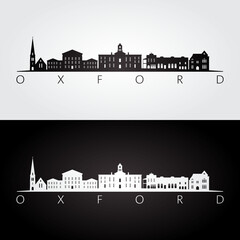 Oxford, Mississippi skyline and landmarks silhouette, black and white design, vector illustration.