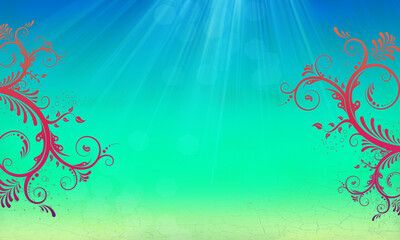 Fototapeta na wymiar Hintergrund Meer Karibik Reisen Ornament floral website Design türkis grün blau Layout leuchten schimmern hell maritim Symbol Sonnenstrahlen Meeresgrund Unterwasser Wasser Blumen Flora See Ozean