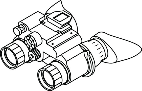 A pair of night vision binoculars with eye hoods/cups. Line art.